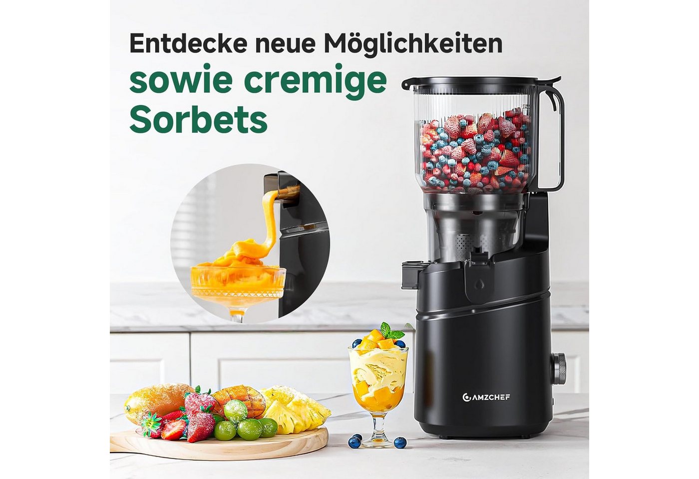 AMZCHEF Zentrifugenentsafter CE-SJ-03OT6C-BK, 250 W, 150MM Öffnung und 2L Kaltpress