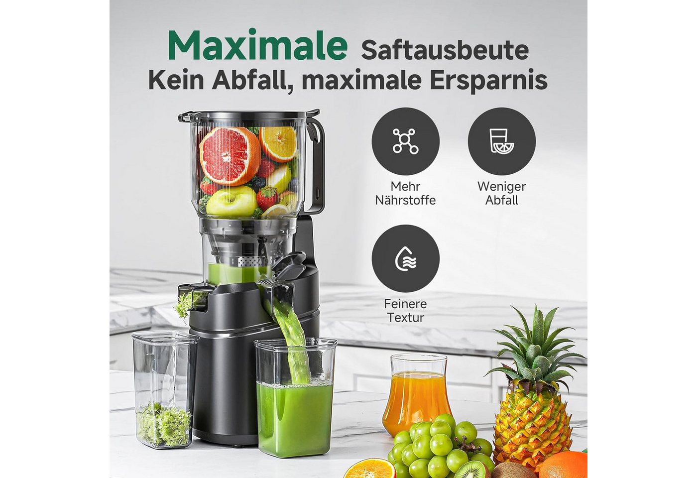 AMZCHEF Zentrifugenentsafter CE-SJ-03OT6C-BK, 250 W, 150MM Öffnung und 2L Kaltpress Bild 3