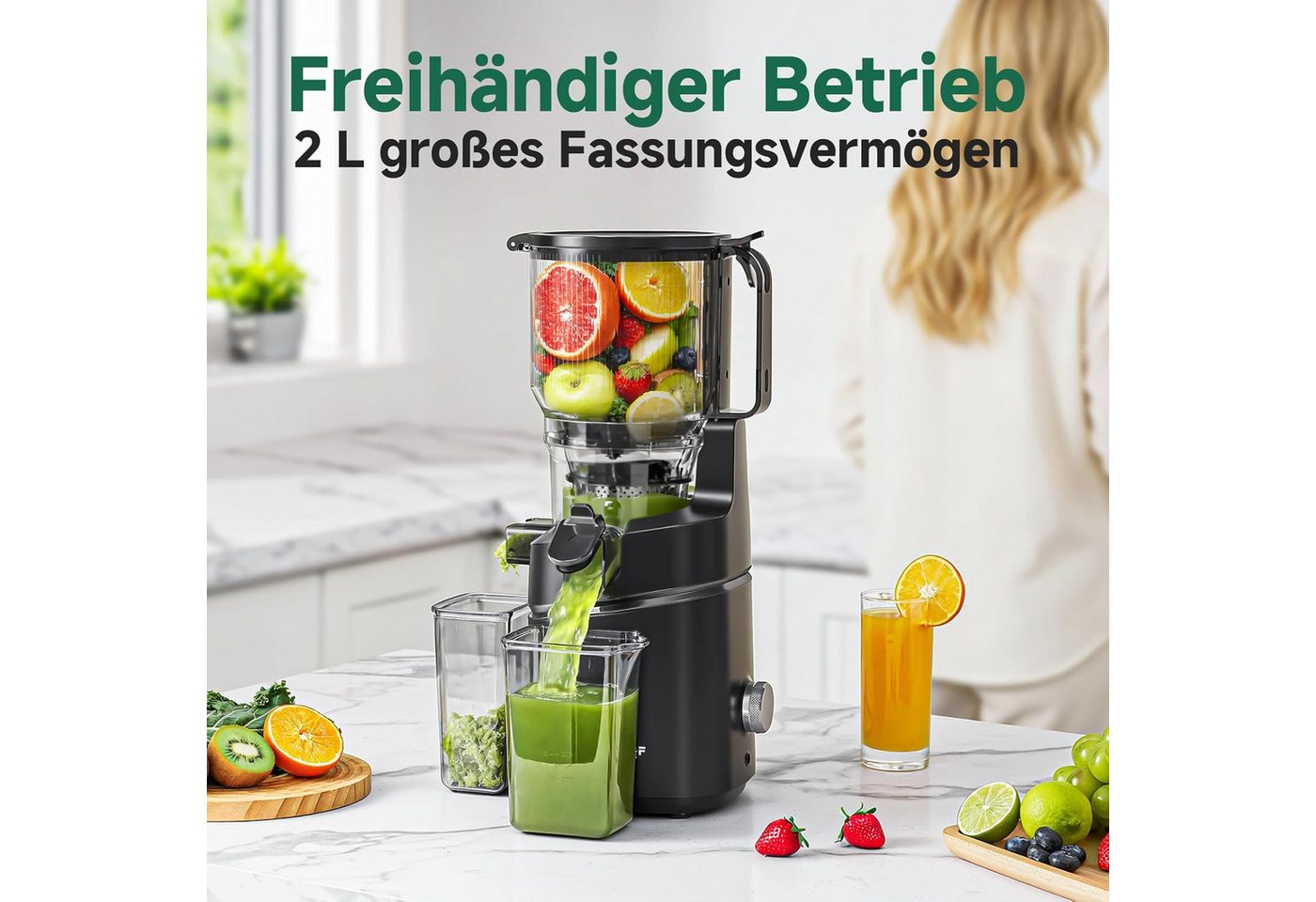 AMZCHEF Zentrifugenentsafter CE-SJ-03OT6C-BK, 250 W, 150MM Öffnung und 2L Kaltpress Bild 4