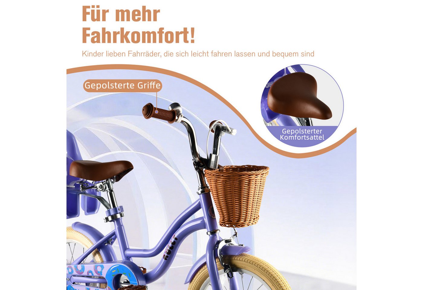 Vankel Kinderfahrrad 12–16 Zoll, Korb, Puppensitz & Stützräder, 1 Gang, für ca. 2–3 Jahre, 81–97 cm Bild 2