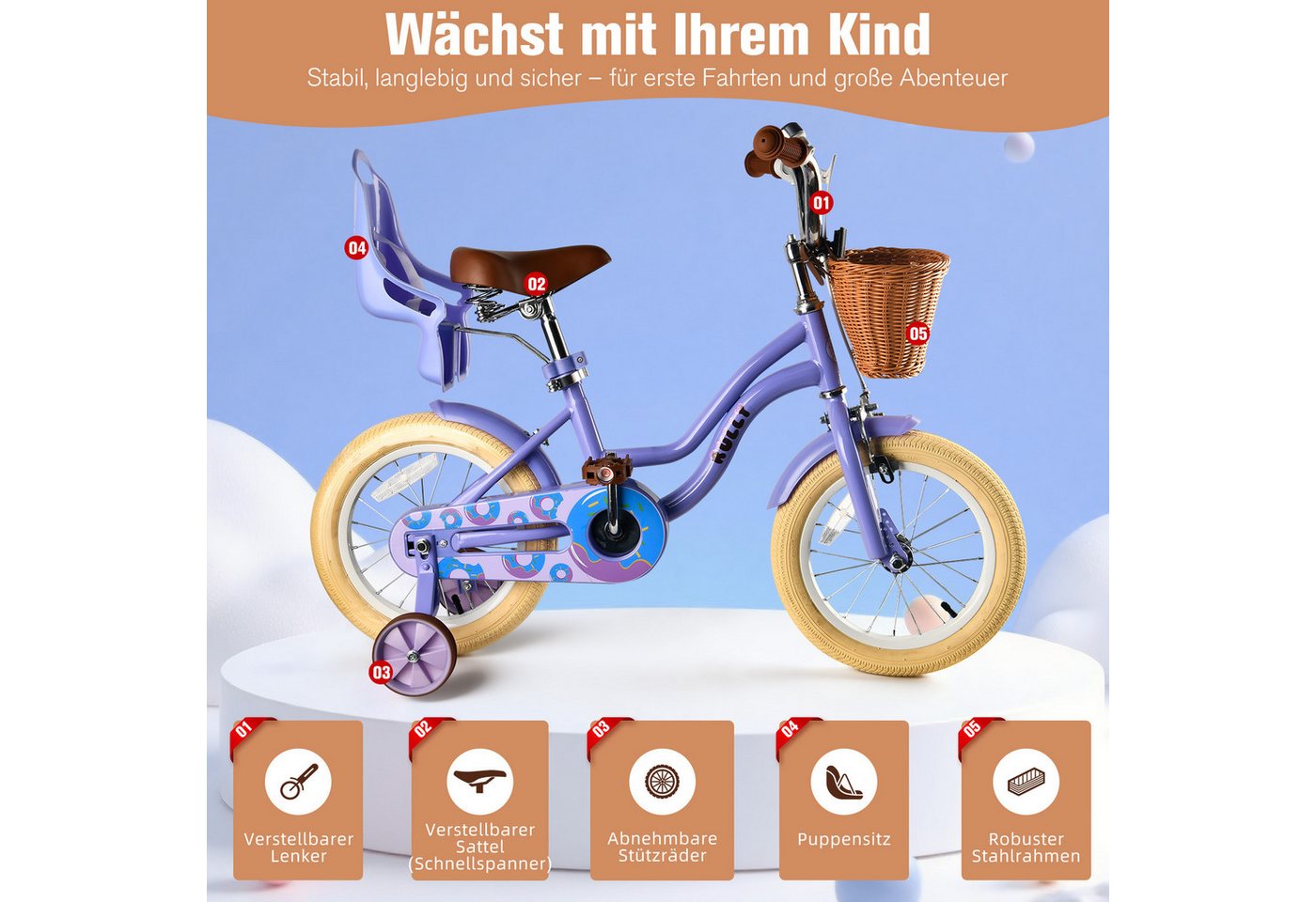 Vankel Kinderfahrrad 12–16 Zoll, Korb, Puppensitz & Stützräder, 1 Gang, für ca. 2–3 Jahre, 81–97 cm Bild 5