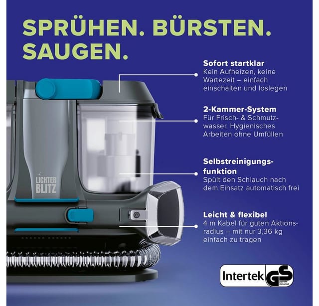 Lichterblitz Teppichreinigungsgerät Waschsauger & Polsterreiniger Gerät Kompakt – saugt, bürstet, sprüht, 400 W, Nass Trockensauger Teppichreiniger entfernt Flüssigkeiten & Flecken