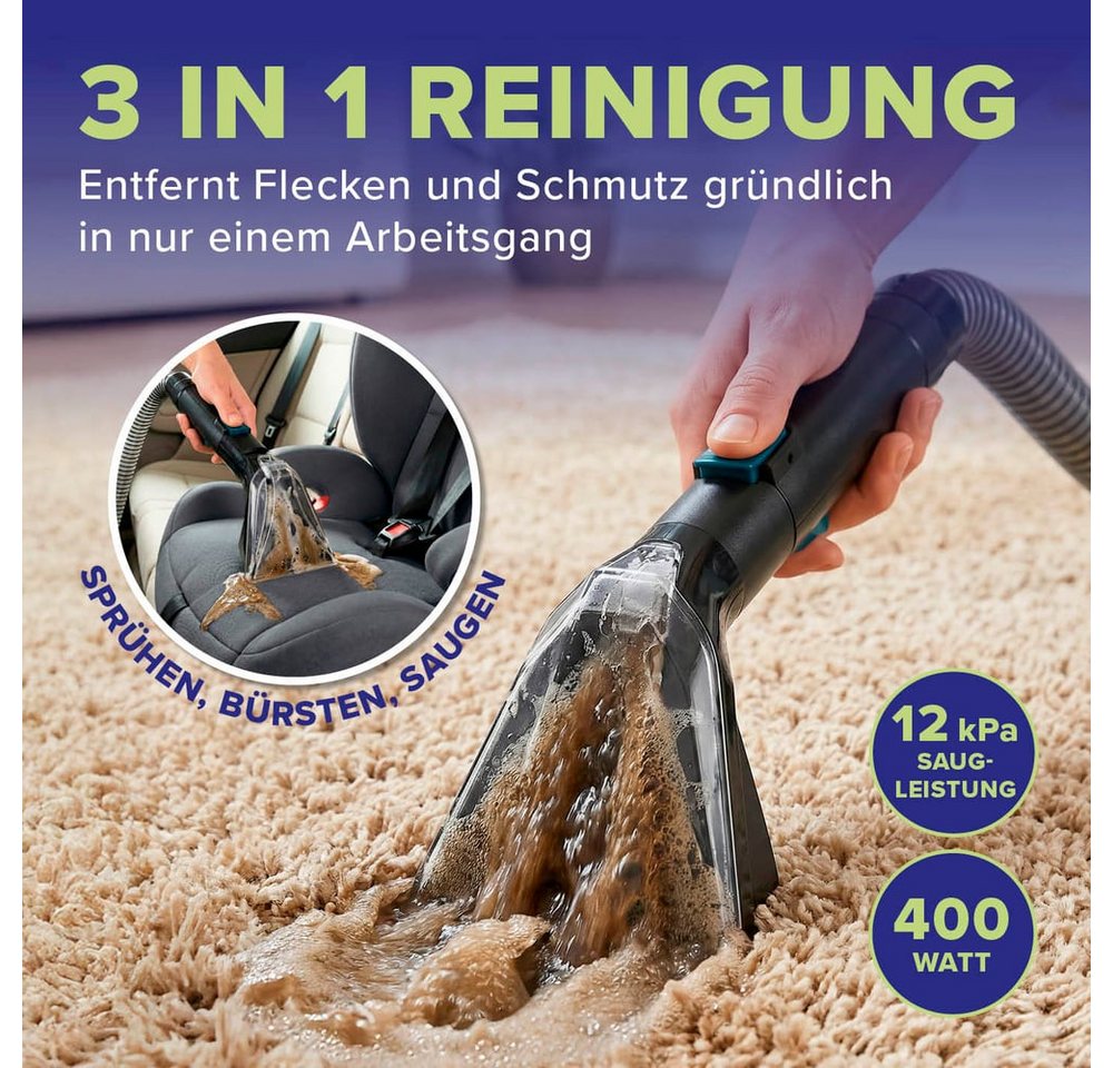 Lichterblitz Teppichreinigungsgerät Waschsauger & Polsterreiniger Gerät Kompakt – saugt, bürstet, sprüht, 400 W, Nass Trockensauger Teppichreiniger entfernt Flüssigkeiten & Flecken Bild 5