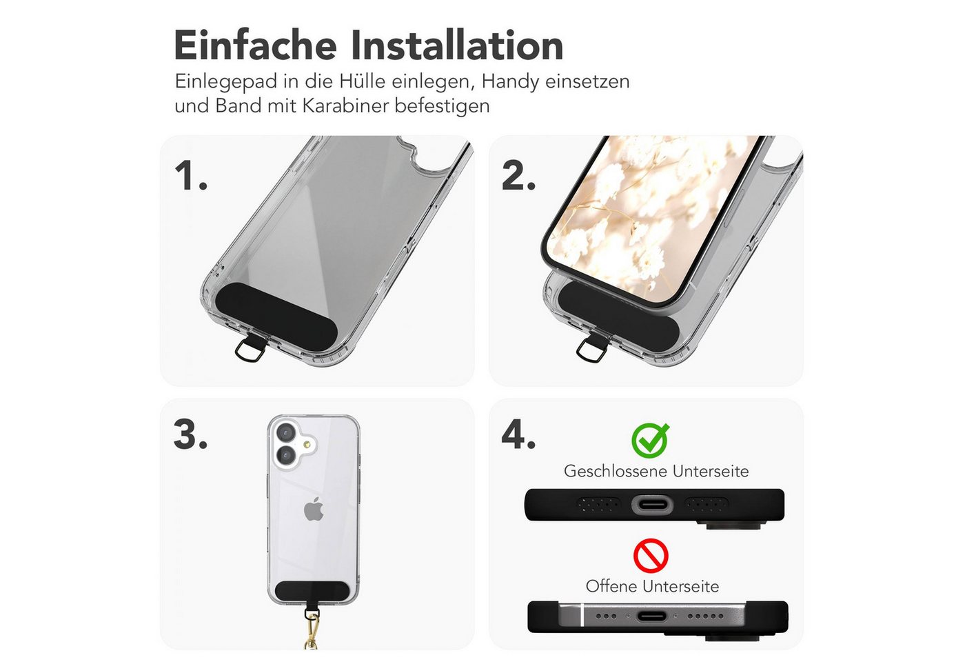 EAZY CASE Handykette Universal Handykette für alle Modelle zum Umhängen, Handy Kordel plus Handband Universal passend Schwarz Rosé Rosegold Bild 4