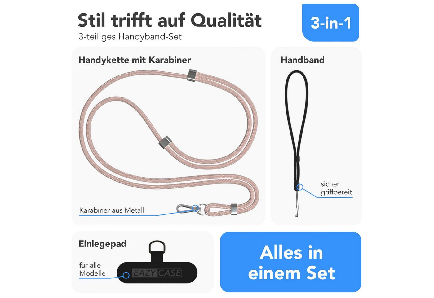 EAZY CASE Handykette Universal Handykette für alle Modelle zum Umhängen, Handy Kordel plus Handband Universal passend Schwarz Rosé Rosegold Bild 5