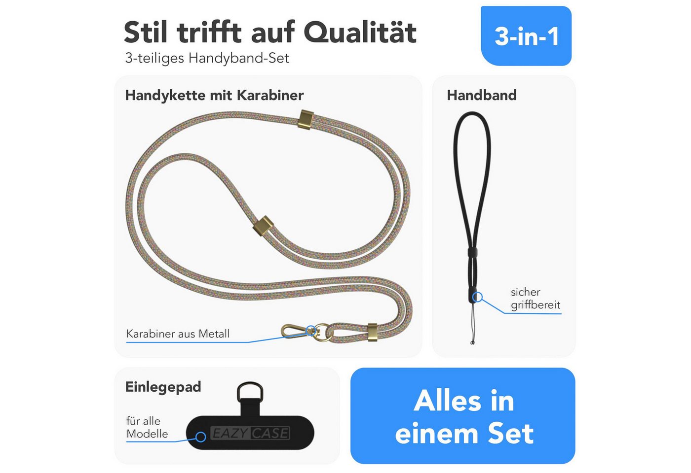 EAZY CASE Handykette Universal Handykette für alle Modelle zum Umhängen, Universales Handyband mit Carabiner wechselbare Kordel Bunt Clips Gold Bild 5