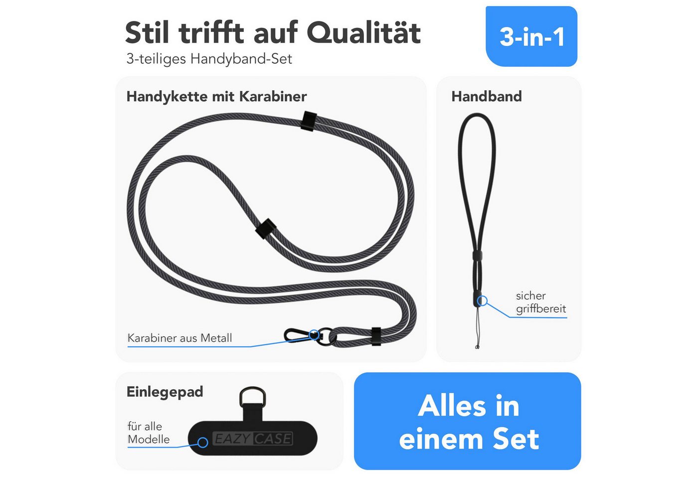 EAZY CASE Handykette Universal Handykette für alle Modelle zum Umhängen, Universal Handykette mit abnehmbaren Band mit Karabiner Grau Bild 3