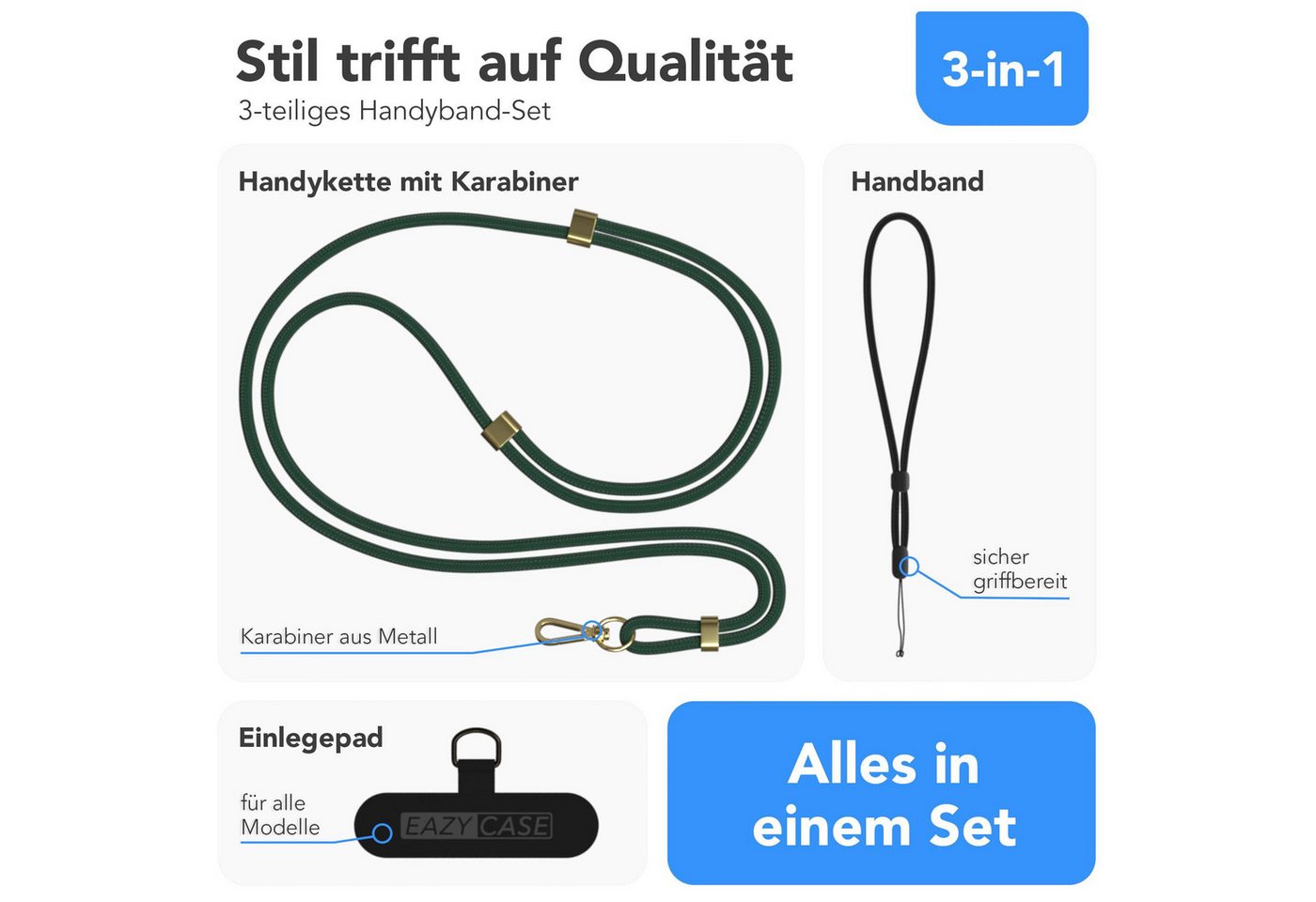 EAZY CASE Handykette Universal Handykette für alle Modelle zum Umhängen, Handykette LG Google Pixel Sony etc. Handyband Ring mit Karabiner Grün