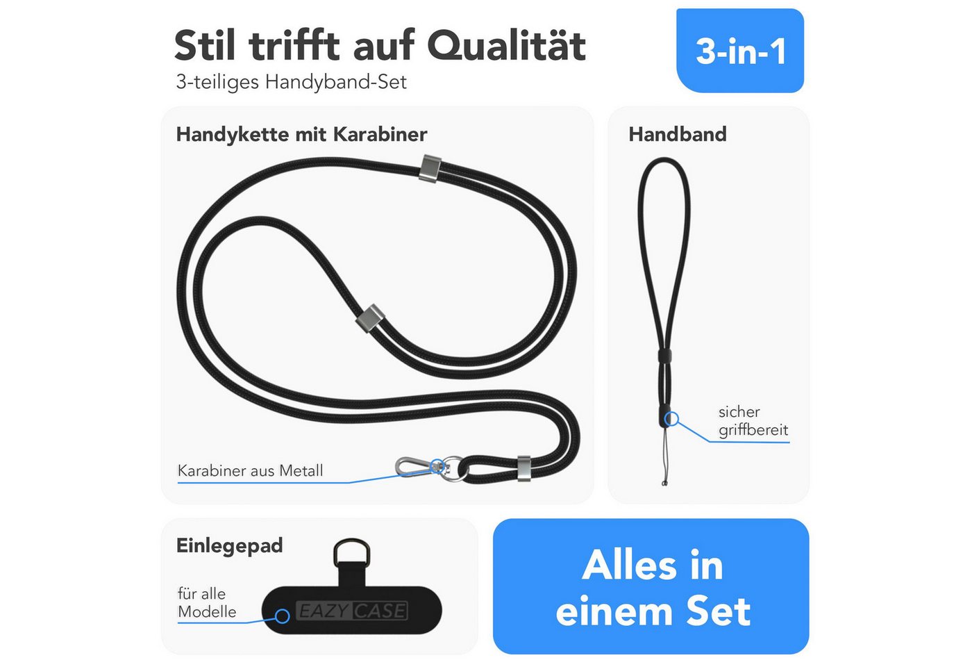 EAZY CASE Handykette Universal Handykette für alle Modelle zum Umhängen, Kette zum Umhängen Pad mit Kordel Uni Smartphonekette Schwarz Black