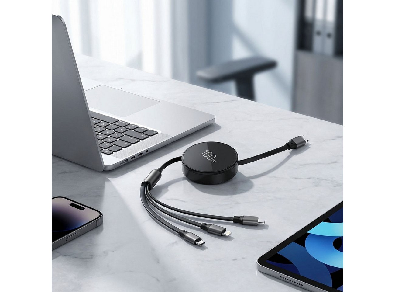 shop'n smile ideoon 3in1 Roll-Ladekabel: 100W Power für Android & iPhone Lightningkabel, USB-C, 1m ausziehbar, extrem robust & ohne Kabelsalat - USB-C