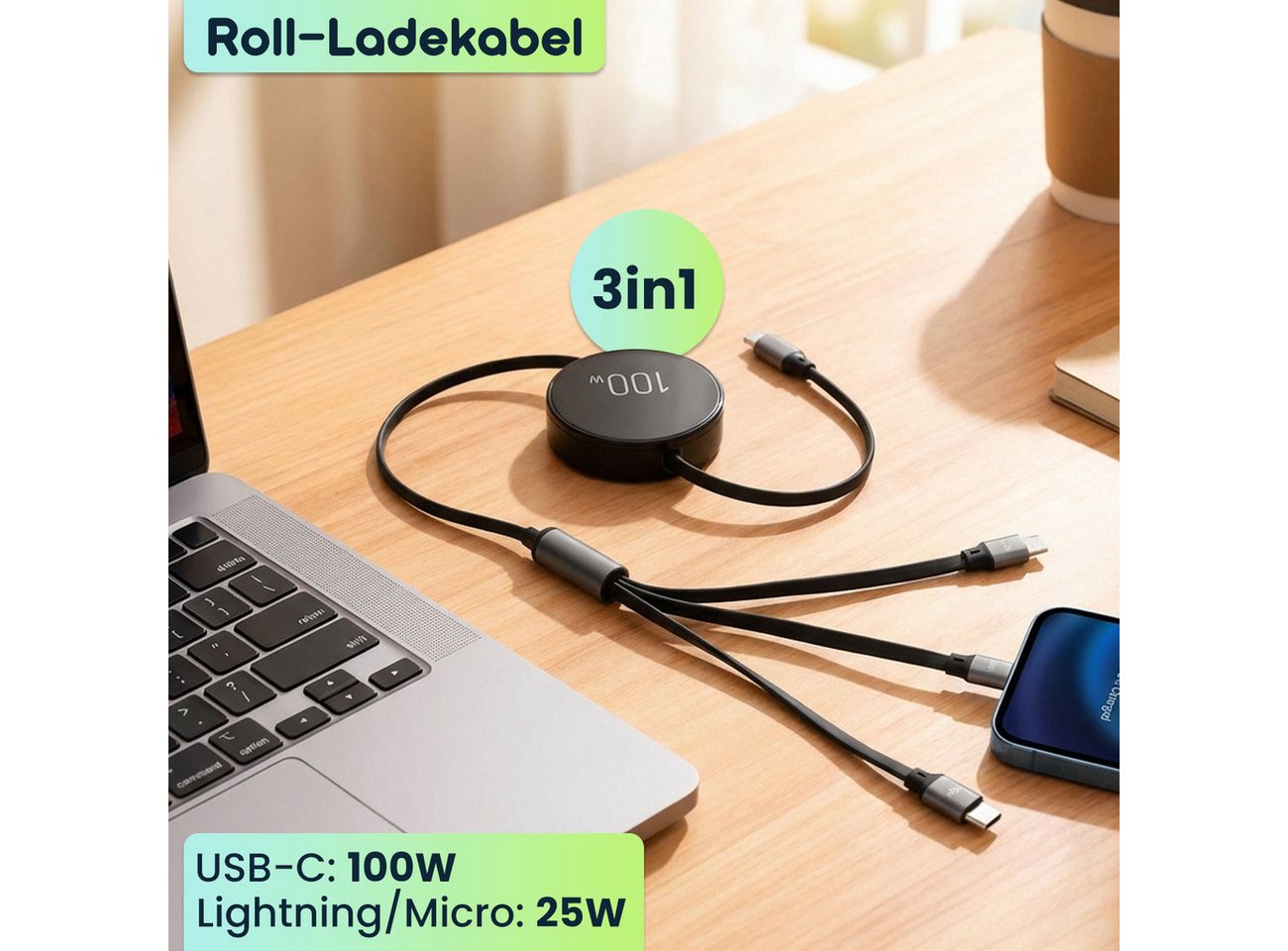 shop'n smile ideoon 3in1 Roll-Ladekabel: 100W Power für Android & iPhone Lightningkabel, USB-C, 1m ausziehbar, extrem robust & ohne Kabelsalat - USB-C Bild 4
