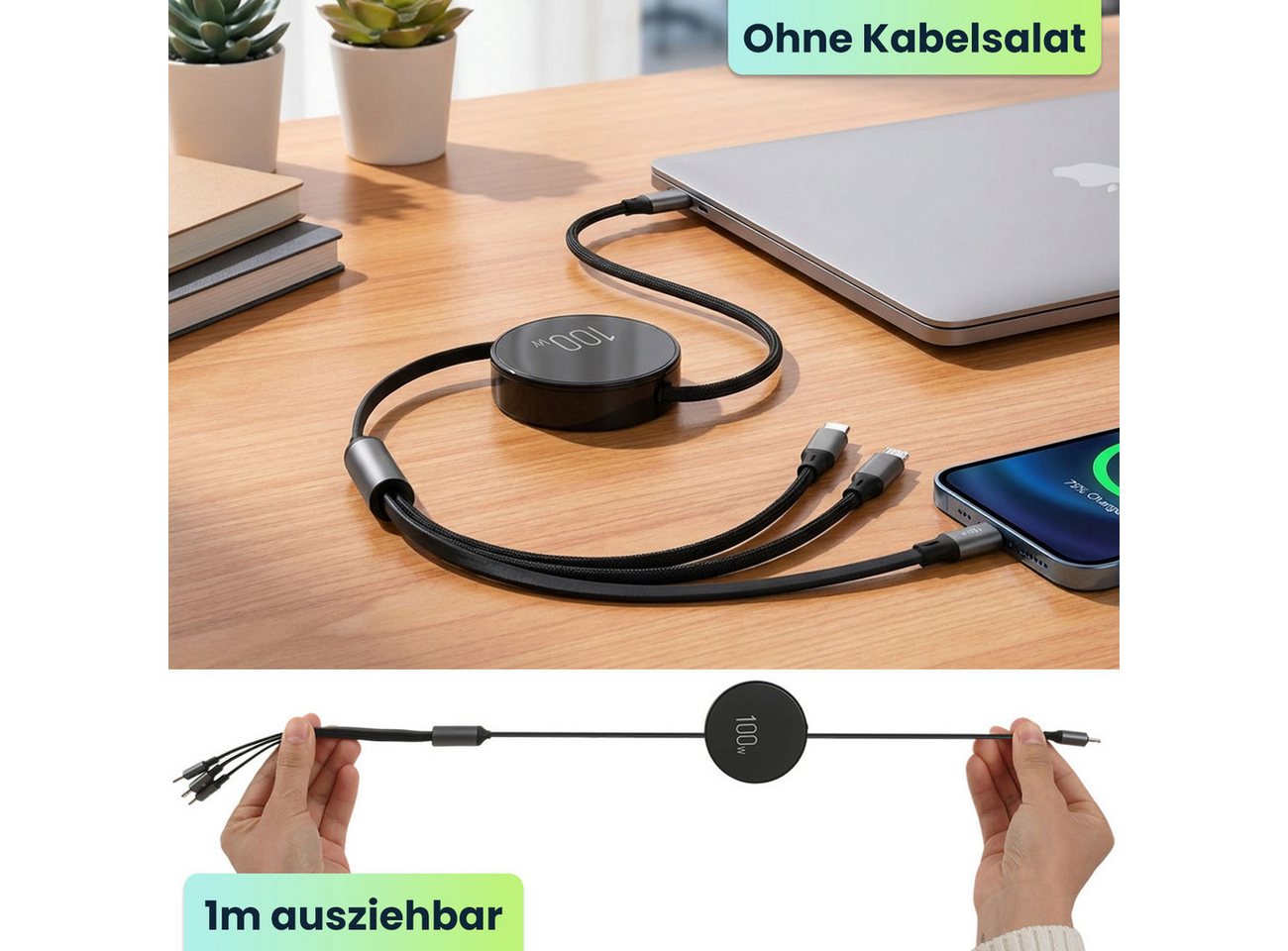 shop'n smile ideoon 3in1 Roll-Ladekabel: 100W Power für Android & iPhone Lightningkabel, USB-C, 1m ausziehbar, extrem robust & ohne Kabelsalat - USB-C Bild 5