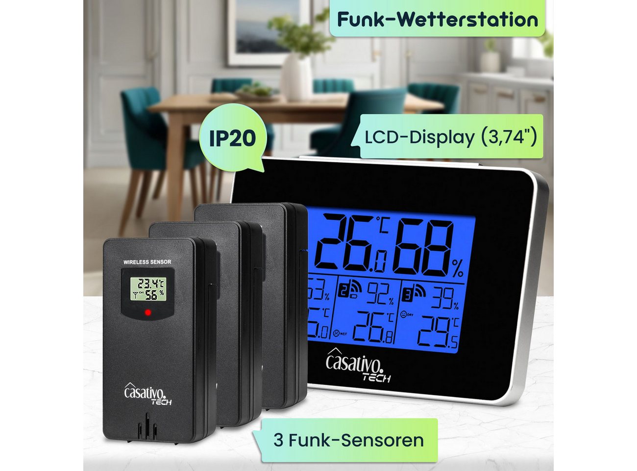 Casativo Wetterstation 3 Funksensoren LCD Display Wettertrend Reichweite 60m Funkwetterstation (Temperatur, Hygrometer, Wettertrends & Heiz-/Lüftungstipps)