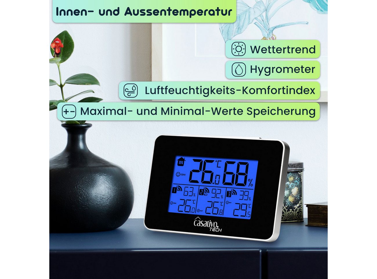 Casativo Wetterstation 3 Funksensoren LCD Display Wettertrend Reichweite 60m Funkwetterstation (Temperatur, Hygrometer, Wettertrends & Heiz-/Lüftungstipps) Bild 3