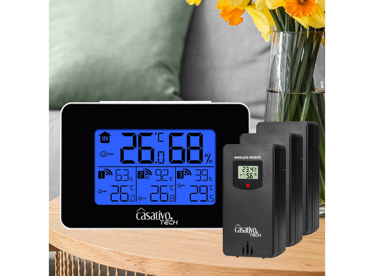 Casativo Wetterstation 3 Funksensoren LCD Display Wettertrend Reichweite 60m Funkwetterstation (Temperatur, Hygrometer, Wettertrends & Heiz-/Lüftungstipps) Bild 4