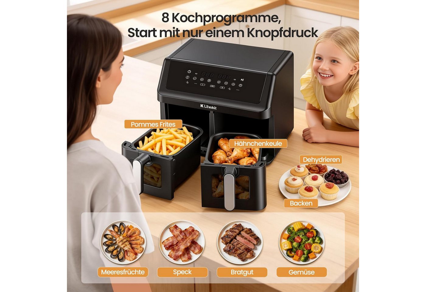 LLIVEKIT Heißluftfritteuse, 1000 W, 9L Doppelkammer, 2x4,5L Airfryer mit automatischer Abschaltung