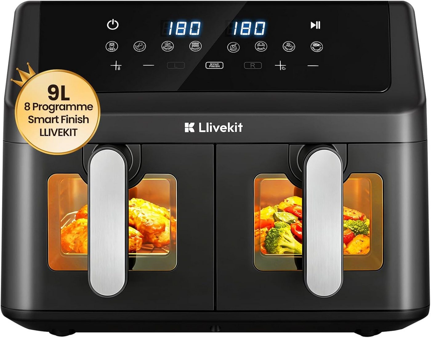 LLIVEKIT Heißluftfritteuse, 1000 W, 9L Doppelkammer, 2x4,5L Airfryer mit automatischer Abschaltung Bild 2