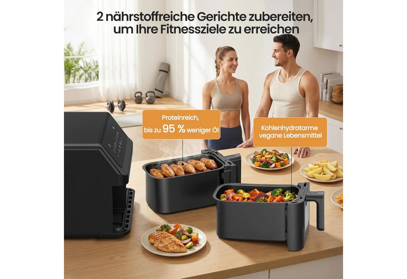 LLIVEKIT Heißluftfritteuse, 1000 W, 9L Doppelkammer, 2x4,5L Airfryer mit automatischer Abschaltung Bild 3