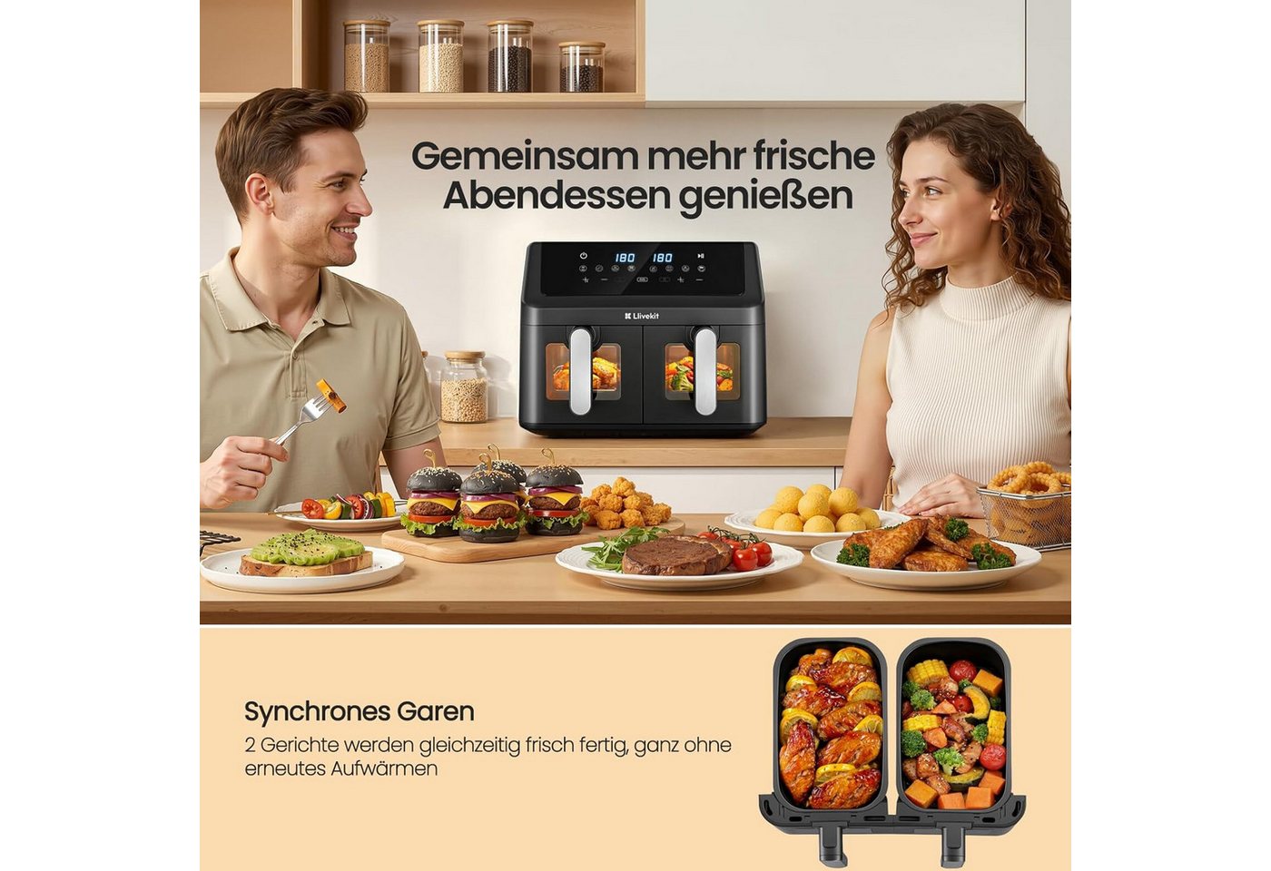LLIVEKIT Heißluftfritteuse, 1000 W, 9L Doppelkammer, 2x4,5L Airfryer mit automatischer Abschaltung Bild 4