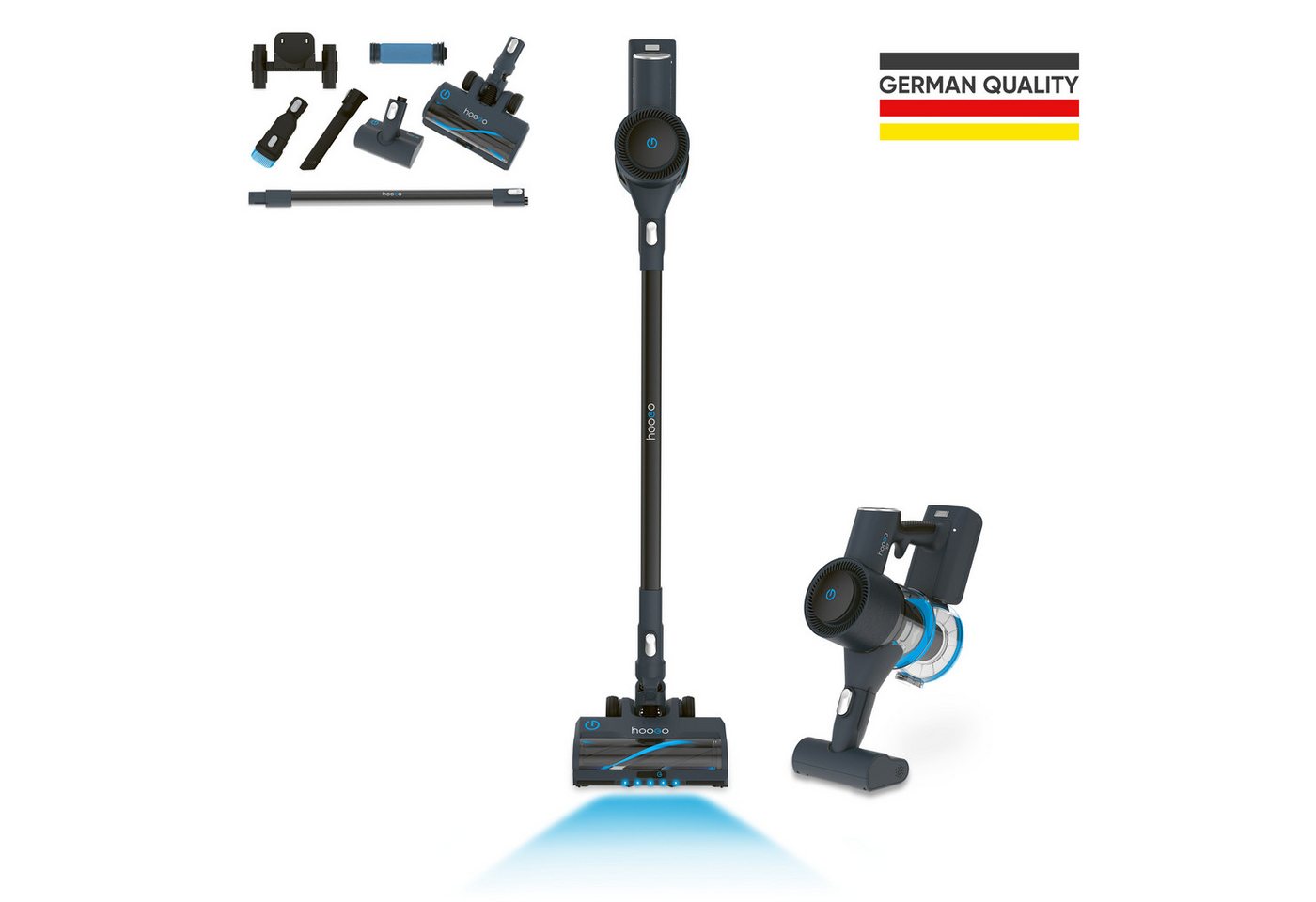 hoogo Akku-Hand-und Stielstaubsauger SC701, 450 W, beutellos, Deutsche Qualität, 60min Laufzeit, 360° Saugen, Allergiker, Tierhaare