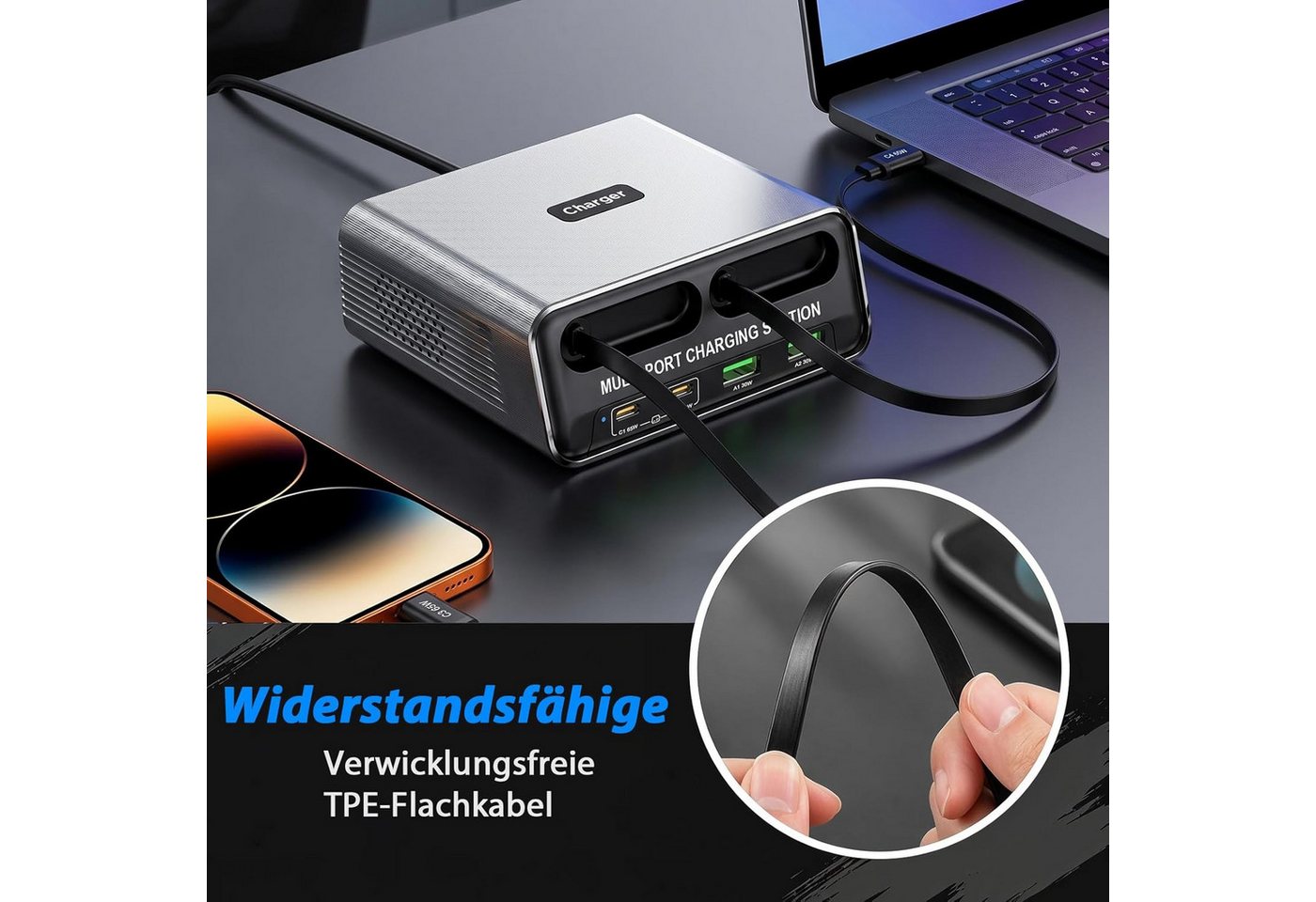 OYLCDI 6 in 1 Ladestation Mehrere Geräte,320W Schnellladegerät USB-Ladegerät (USB C Schnellladegerät mit 2 Einziehbaren Kabeln, Klein Ladestation Kompatibel, für MacBook, iPad, iPhone, Samsung und anderen Geräten)