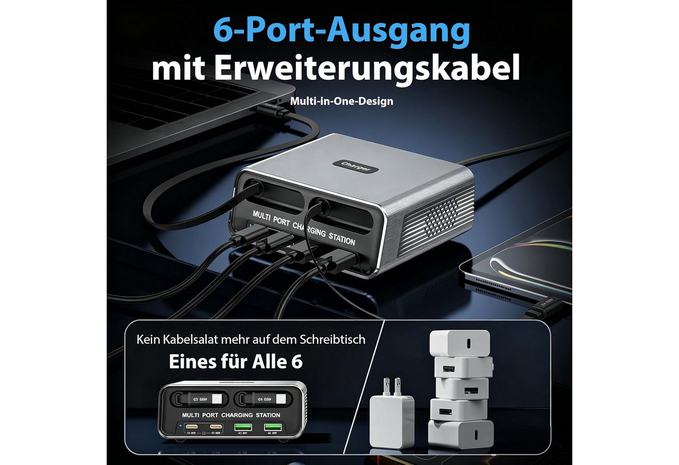 OYLCDI 6 in 1 Ladestation Mehrere Geräte,320W Schnellladegerät USB-Ladegerät (USB C Schnellladegerät mit 2 Einziehbaren Kabeln, Klein Ladestation Kompatibel, für MacBook, iPad, iPhone, Samsung und anderen Geräten) Bild 2