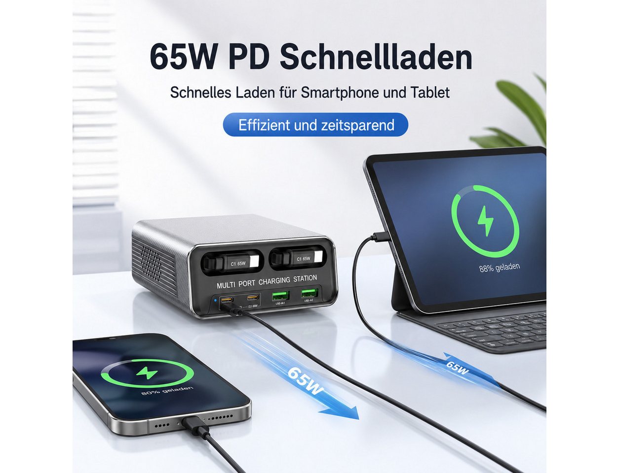 OYLCDI 6 in 1 Ladestation Mehrere Geräte,320W Schnellladegerät USB-Ladegerät (USB C Schnellladegerät mit 2 Einziehbaren Kabeln, Klein Ladestation Kompatibel, für MacBook, iPad, iPhone, Samsung und anderen Geräten) Bild 3