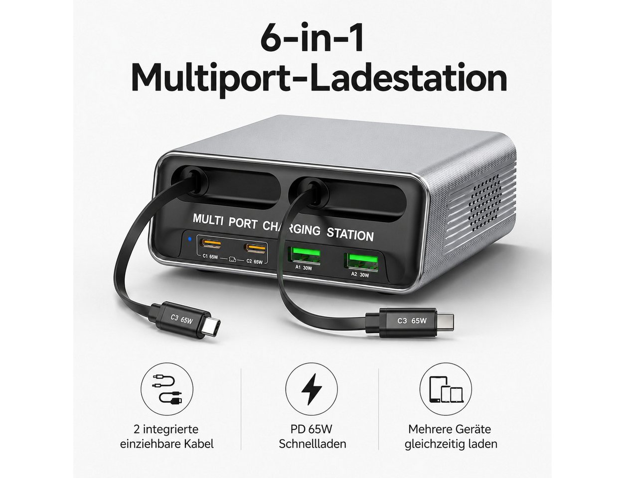 OYLCDI 6 in 1 Ladestation Mehrere Geräte,320W Schnellladegerät USB-Ladegerät (USB C Schnellladegerät mit 2 Einziehbaren Kabeln, Klein Ladestation Kompatibel, für MacBook, iPad, iPhone, Samsung und anderen Geräten) Bild 4
