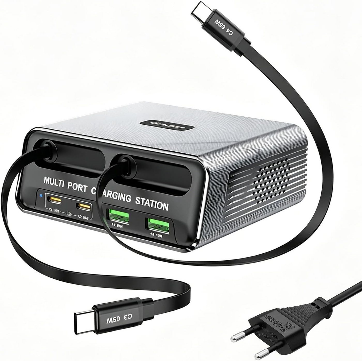 OYLCDI 6 in 1 Ladestation Mehrere Geräte,320W Schnellladegerät USB-Ladegerät (USB C Schnellladegerät mit 2 Einziehbaren Kabeln, Klein Ladestation Kompatibel, für MacBook, iPad, iPhone, Samsung und anderen Geräten) Bild 5