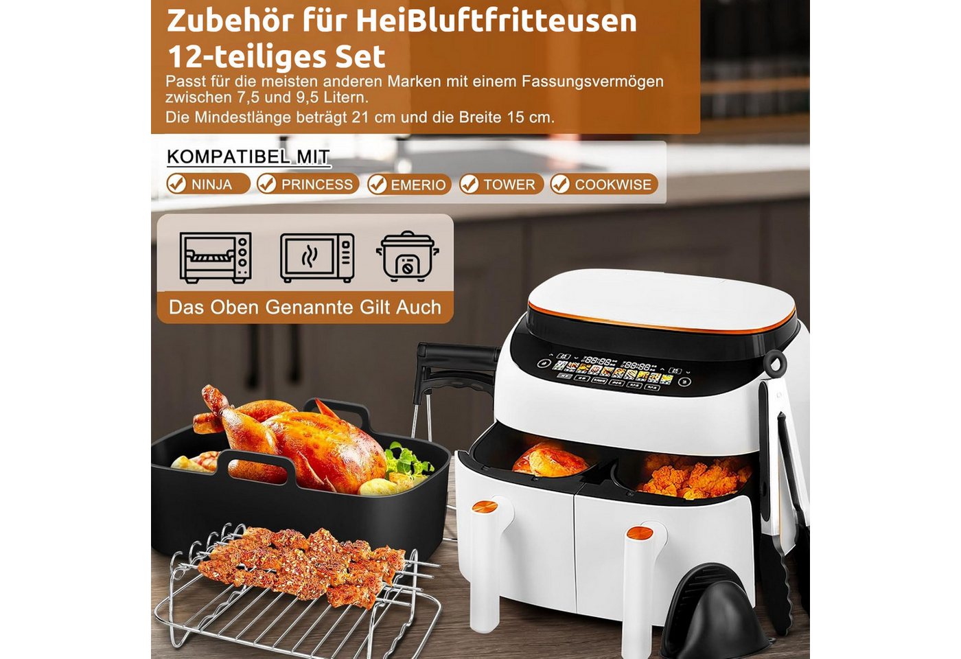 BlingBin Küchenmaschinen Zubehör-Set Heißluftfritteuse Zubehör für Ninja AF400EUAF300EU Foodi Max Dual Zone, Zubehör für AF400EU AF300EU, 7,6–9,5 L, Silikonform, Grillrost & Backform zur Kocherweiterung