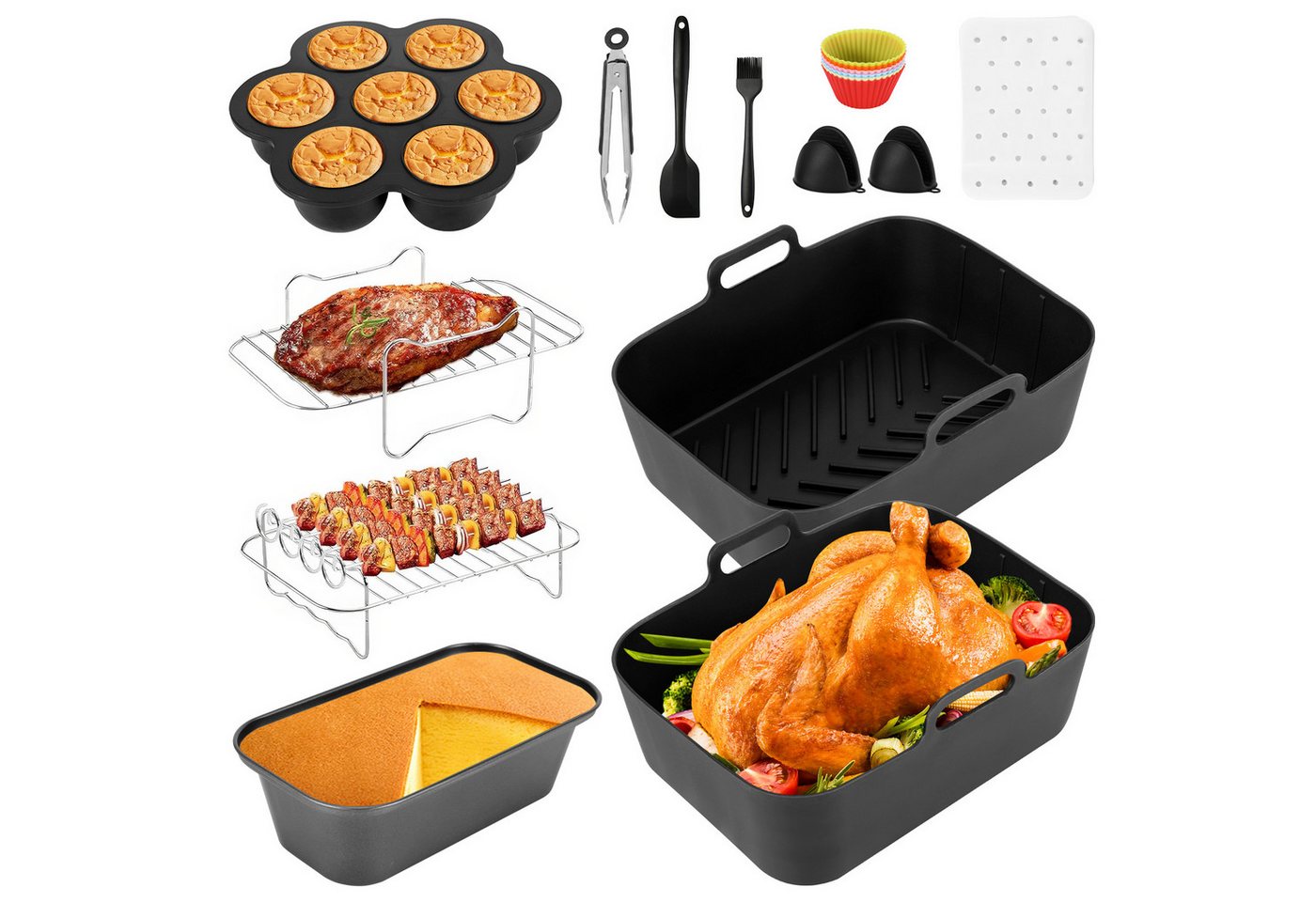 BlingBin Küchenmaschinen Zubehör-Set Heißluftfritteuse Zubehör für Ninja AF400EUAF300EU Foodi Max Dual Zone, Zubehör für AF400EU AF300EU, 7,6–9,5 L, Silikonform, Grillrost & Backform zur Kocherweiterung Bild 2