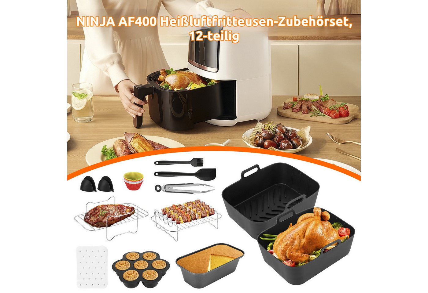 BlingBin Küchenmaschinen Zubehör-Set Heißluftfritteuse Zubehör für Ninja AF400EUAF300EU Foodi Max Dual Zone, Zubehör für AF400EU AF300EU, 7,6–9,5 L, Silikonform, Grillrost & Backform zur Kocherweiterung Bild 3