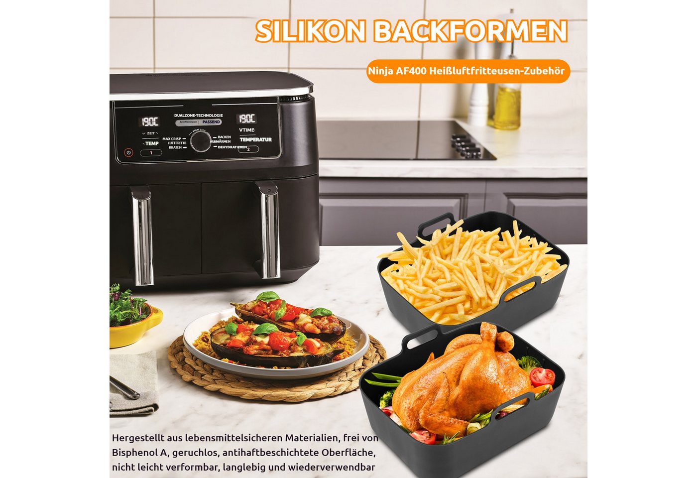 BlingBin Küchenmaschinen Zubehör-Set Heißluftfritteuse Zubehör für Ninja AF400EUAF300EU Foodi Max Dual Zone, Zubehör für AF400EU AF300EU, 7,6–9,5 L, Silikonform, Grillrost & Backform zur Kocherweiterung Bild 4