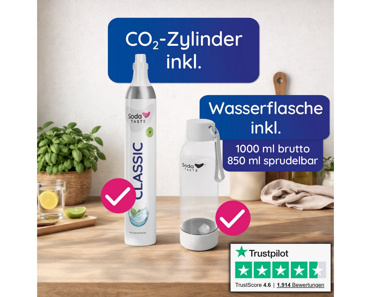 SodaTASTE Wassersprudler SodaTASTE UNO Wassersprudler Set inkl. Flasche & CO2-Zylinder, (Wassersprudler, CO₂-Zylinder, 1-Liter-Wasserflasche, Abtropfhalterung), Kompatibel mit Standard-Drehgewinde Bild 4