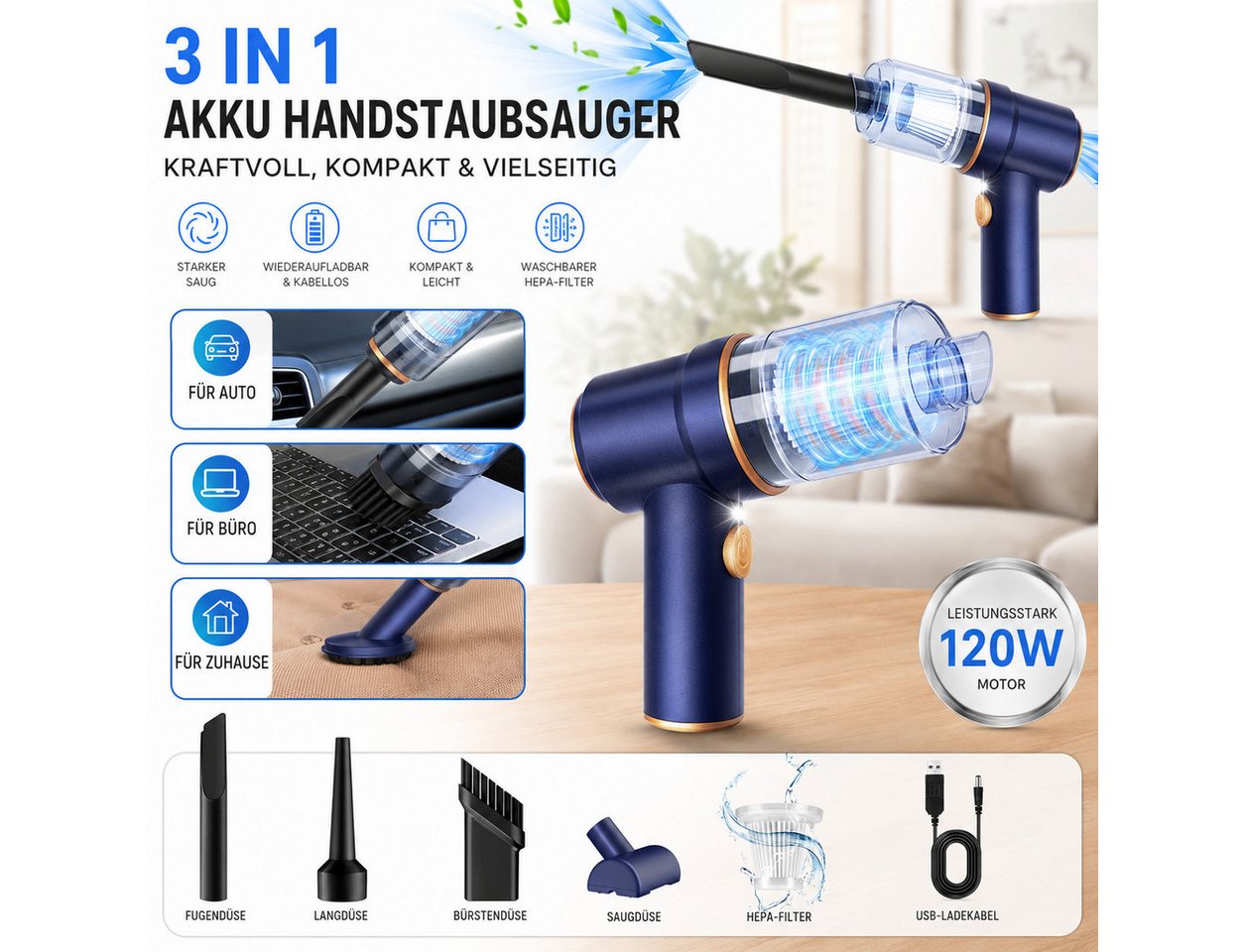 Alpha Electronics Handstaubsauger 3in1 Akku Staubsauger mit Beleuchtung, 120 W, mit Beutel, 5 Aufsätze + Ladekabel, Saug- & Ausblasfunktion Bild 2