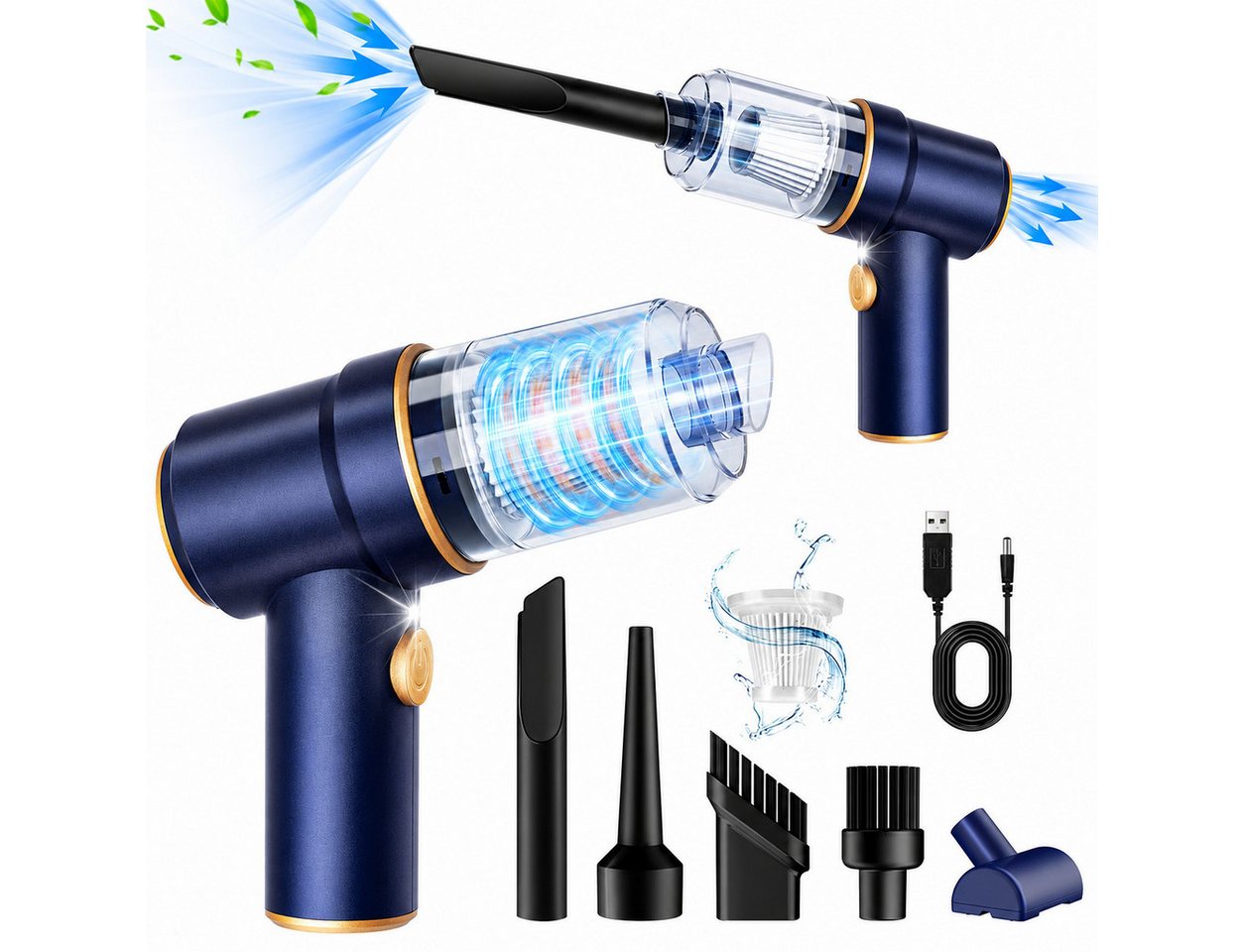 Alpha Electronics Handstaubsauger 3in1 Akku Staubsauger mit Beleuchtung, 120 W, mit Beutel, 5 Aufsätze + Ladekabel, Saug- & Ausblasfunktion Bild 3