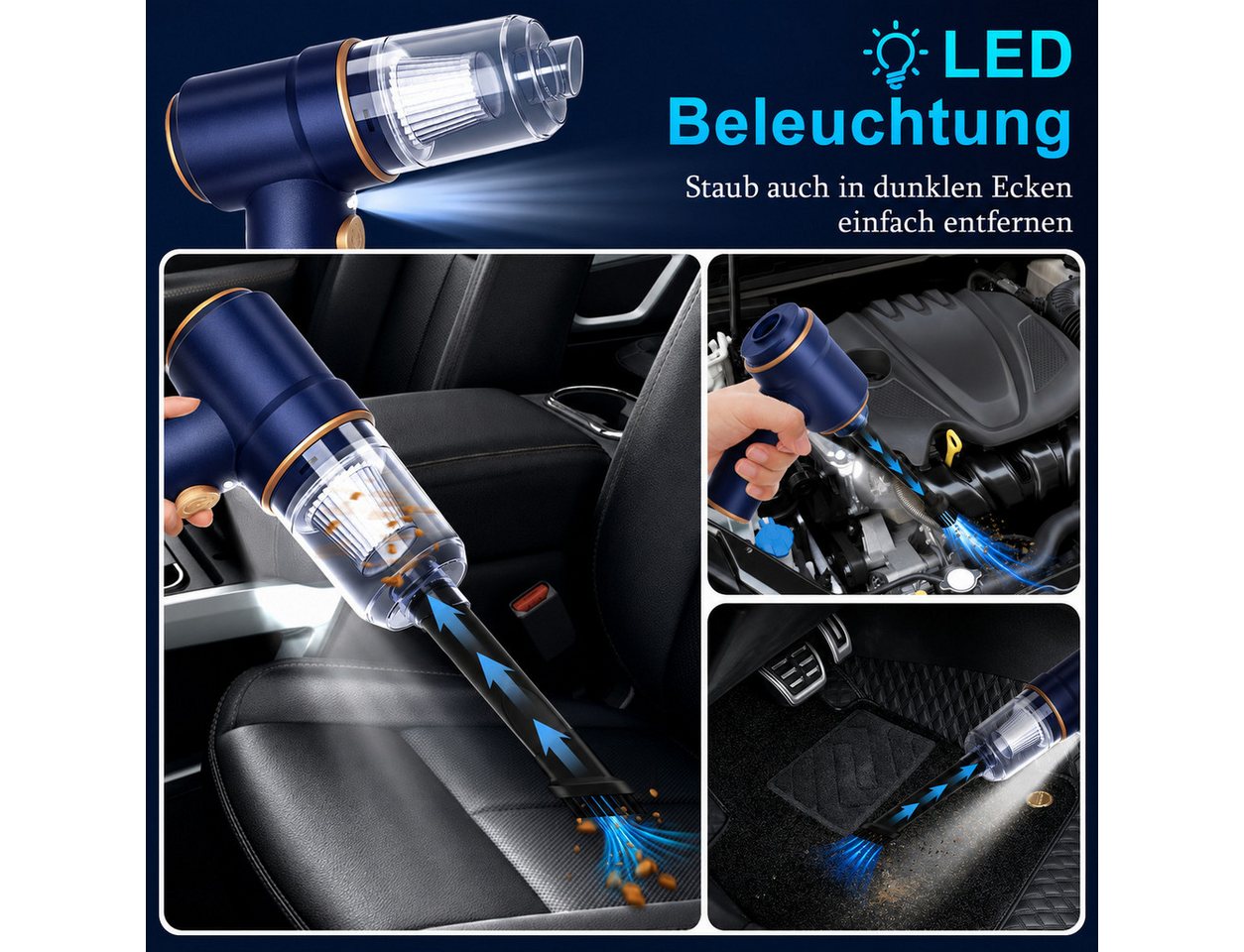 Alpha Electronics Handstaubsauger 3in1 Akku Staubsauger mit Beleuchtung, 120 W, mit Beutel, 5 Aufsätze + Ladekabel, Saug- & Ausblasfunktion Bild 4