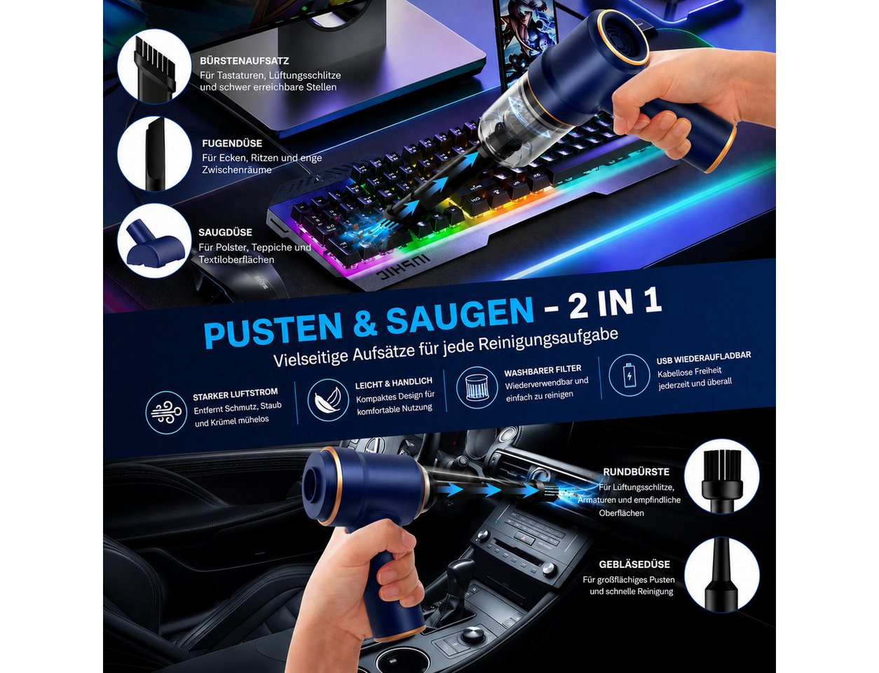 Alpha Electronics Handstaubsauger 3in1 Akku Staubsauger mit Beleuchtung, 120 W, mit Beutel, 5 Aufsätze + Ladekabel, Saug- & Ausblasfunktion Bild 5