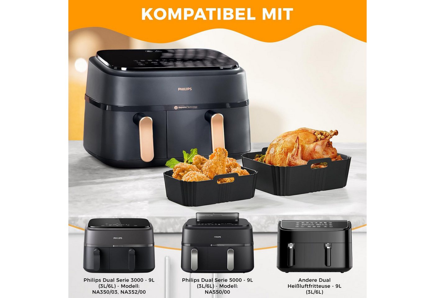 BlingBin Küchenmaschinen Zubehör-Set 28tlg passend für Philips Doppelkorb-Heißluftfritteuse 3000/5000 Serie, Zubehör für Küchenzubehör, Friteusen Ersatzteile, Backutensilien für Umluftfritteuse, für Philips NA350, usw mit Silikonformen, Grillrost & Brotbackformen Bild 2