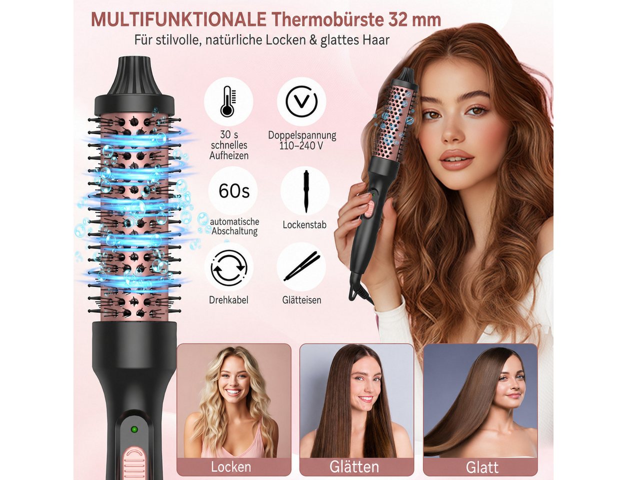 UKLISS Elektrohaarbürste 32 mm Thermobürste 200 °C – leichte professionelle Rundbürste, 3-in-1 Heißbürste mit Doppelspannung, ideal für Einsteiger & Reisen Bild 4