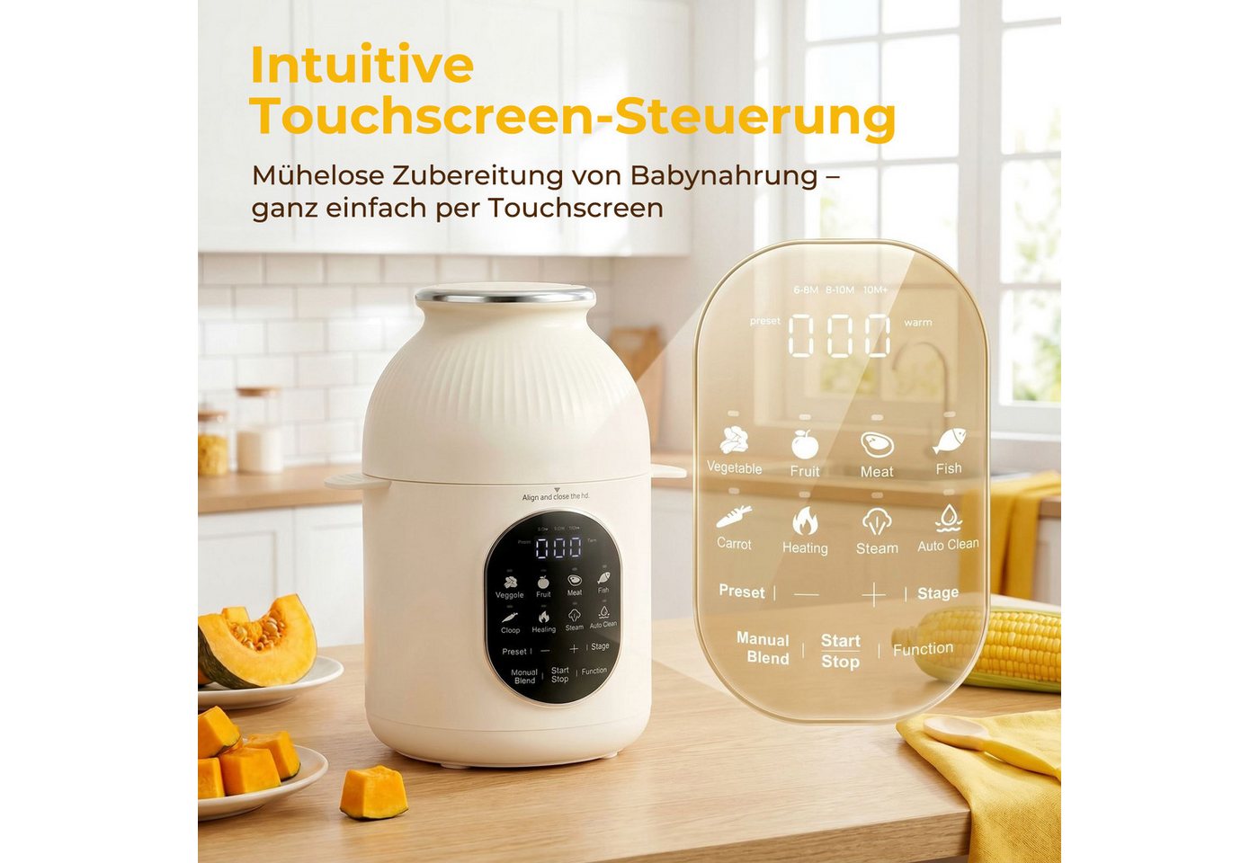FOHERE Babynahrungszubereiter Automatischer Zerkleinerer, Dampfgarer und Mixer, aus Edelstahl, weiß Bild 2