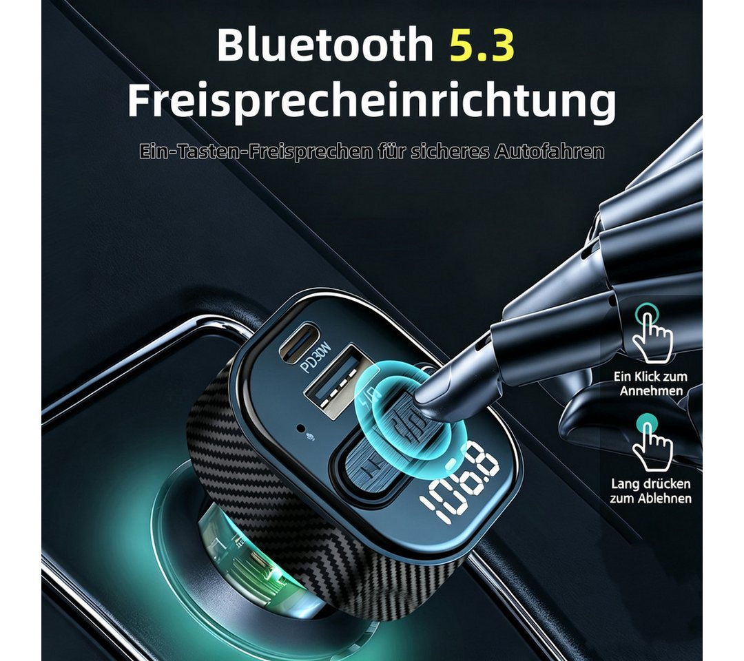 neue dawn Auto USB C Ladegerät KFZ Schnellladung FM Transmitter Bluetooth 5.3 KFZ-Netzteil (Handy Ladegerät, KFZ Bluetooth 5.3, 30W Schnellladung) Bild 3