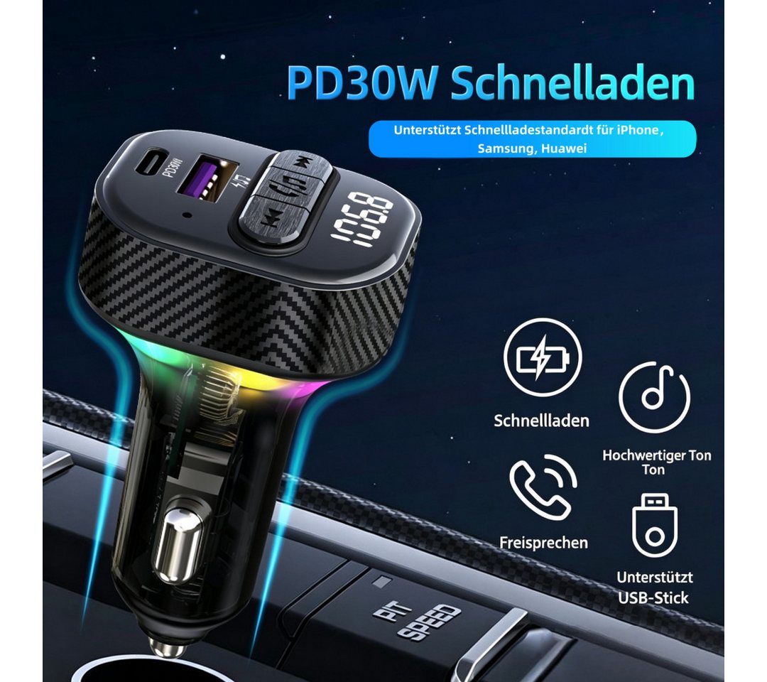 neue dawn Auto USB C Ladegerät KFZ Schnellladung FM Transmitter Bluetooth 5.3 KFZ-Netzteil (Handy Ladegerät, KFZ Bluetooth 5.3, 30W Schnellladung) Bild 4