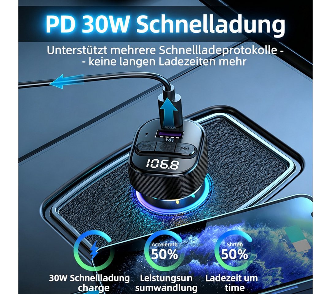 neue dawn Auto USB C Ladegerät KFZ Schnellladung FM Transmitter Bluetooth 5.3 KFZ-Netzteil (Handy Ladegerät, KFZ Bluetooth 5.3, 30W Schnellladung) Bild 5