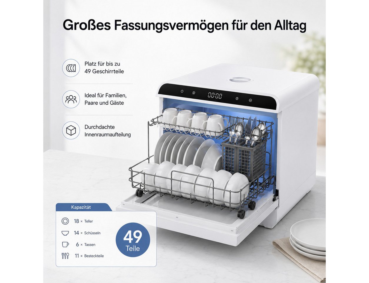 OYLCDI Tischgeschirrspüler Mini Geschirrspüler mit 7.5L tank und 6 Spülprogramme,720° Doppel-Sprühsystem, 72°C Heißwäsche VTX02-VTX03, Doppelte Trocknung, flexibel mit Wassertank oder Wasseranschluss