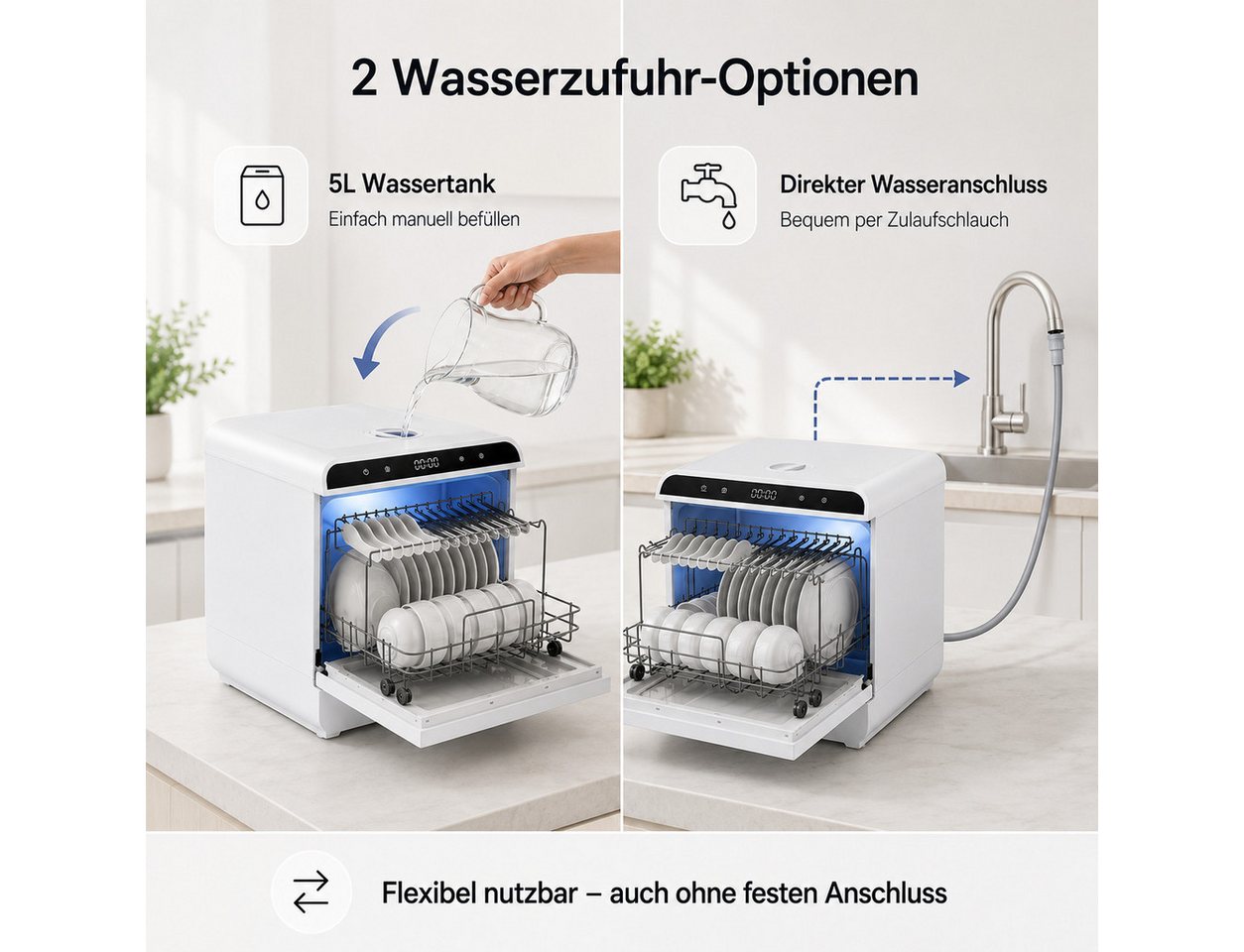 OYLCDI Tischgeschirrspüler Mini Geschirrspüler mit 7.5L tank und 6 Spülprogramme,720° Doppel-Sprühsystem, 72°C Heißwäsche VTX02-VTX03, Doppelte Trocknung, flexibel mit Wassertank oder Wasseranschluss Bild 2