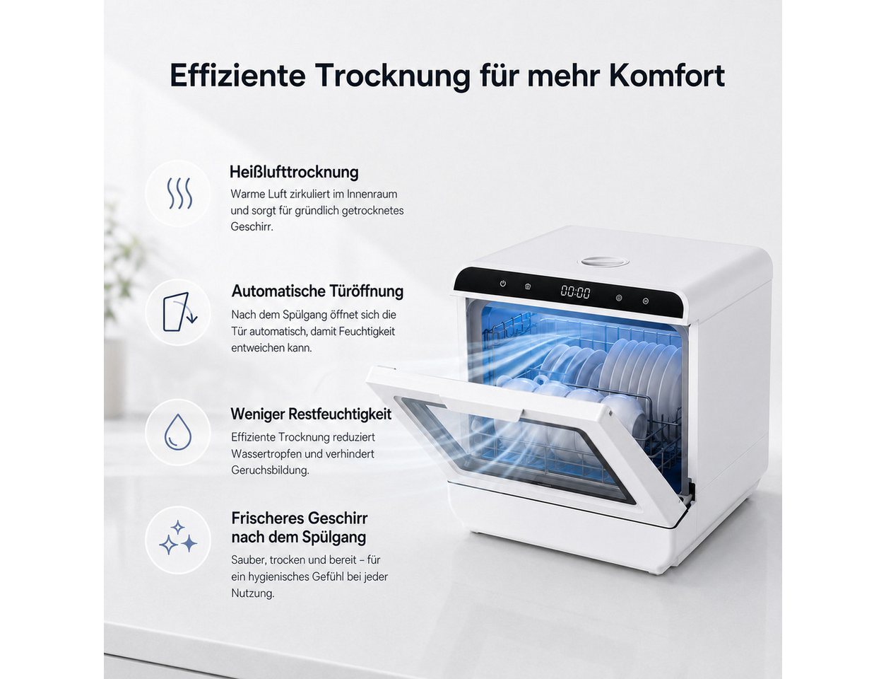 OYLCDI Tischgeschirrspüler Mini Geschirrspüler mit 7.5L tank und 6 Spülprogramme,720° Doppel-Sprühsystem, 72°C Heißwäsche VTX02-VTX03, Doppelte Trocknung, flexibel mit Wassertank oder Wasseranschluss Bild 4