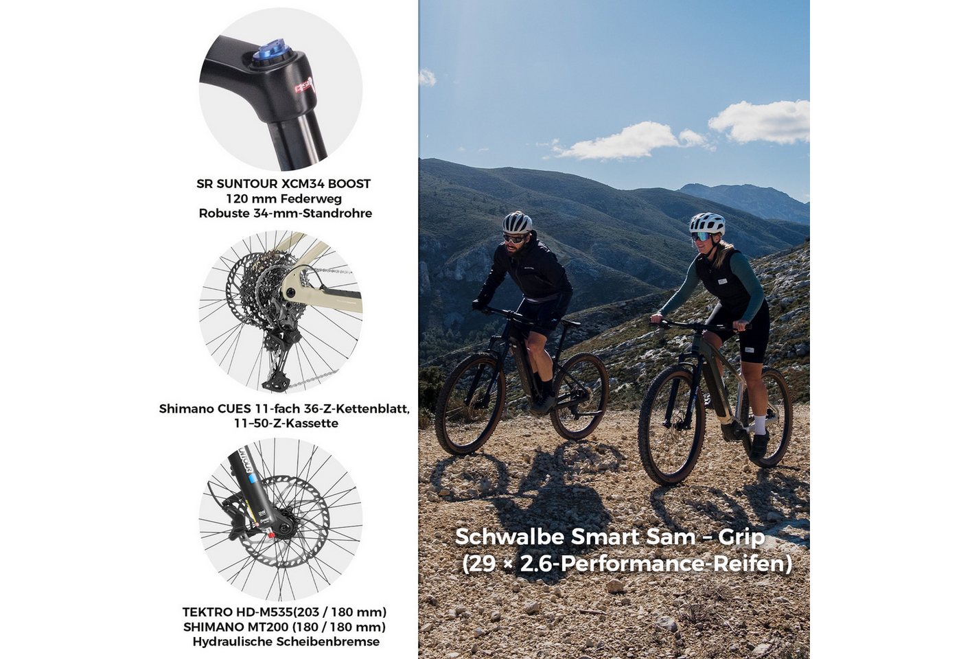 DERUIZ E-Bike Mountainbike 29 Zoll, 110 Nm Mittelmotor, max. 180km, 6 Stufen, Bluetooth + APP, 11 Gang SHIMANO CUES ASLU6000T1R Schaltwerk, Kettenschaltung, Mittelmotor, 720 Wh, (Trittfrequenz- und Drehmomentsensor, Für Damen und Herren), Federgabel mit Lockout, Anfahrhilfe, Haltefunktion, bis zu 170 kg Bild 2
