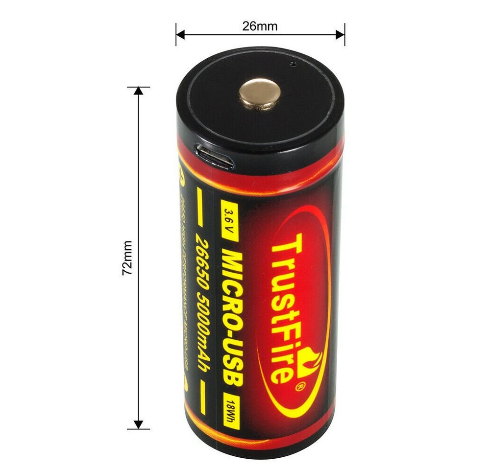 Trustfire 26650 Akku 5000 mAh (3,7 V), mit Schutzschaltung - USB wiederaufladbar