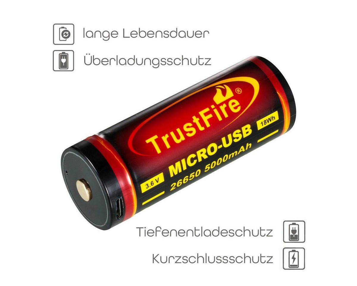 Trustfire 26650 Akku 5000 mAh (3,7 V), mit Schutzschaltung - USB wiederaufladbar Bild 2